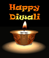 Single burning candle in a dish with the message "Happy Diwali"