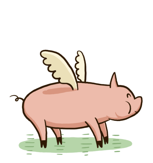 Happy pig flying along leaps and bounds past the cows