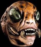 Spooky brown alien head with huge bug eyes and mandibles