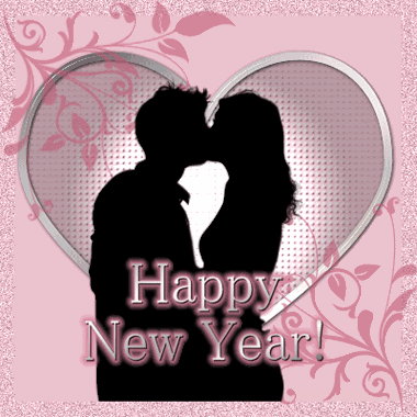 Animated sparkling Happy New Year Kiss in front of pulsing, flashing heart