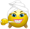 Smiley face emoticon brushing her teeth