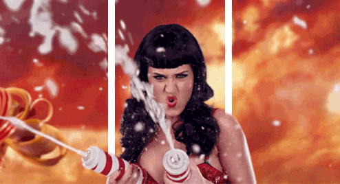 Split screen 3D animation of Katy Perry adding a little whipped cream to the scene in California Gurls